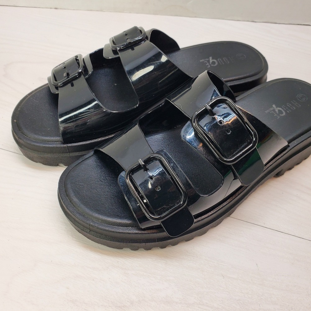 Rouge Helium Womens Black Patent Double Buckle Platform‎ Slide Sandals 8.5 Y2K